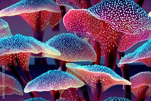 Whimsical psychedelic mushrooms with glowing dots in neon pink blue and purple, seamless abstract pattern with hallucinogenic visual effect