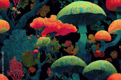 Whimsical psychedelic mushrooms in vibrant neon colors against dark background, seamless pattern with intricate line art and surreal forest composition