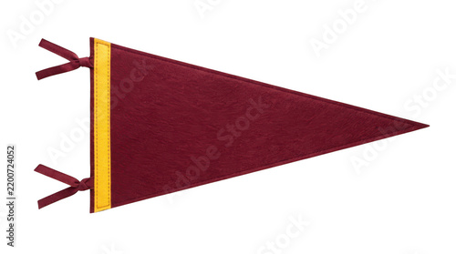 Blank maroon felt pennant flag with a yellow vertical stripe and ties on the left side isolated on transparent background