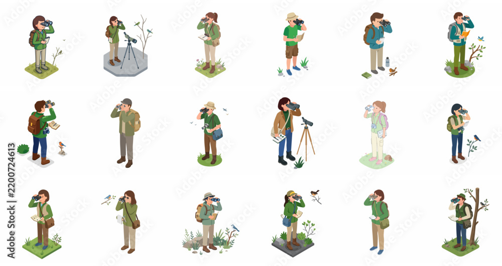Obraz premium Isometric set of birdwatcher characters and ornithologists looking through binoculars, using spotting scopes, and taking notes in nature during an outdoor hobby or wildlife observation.