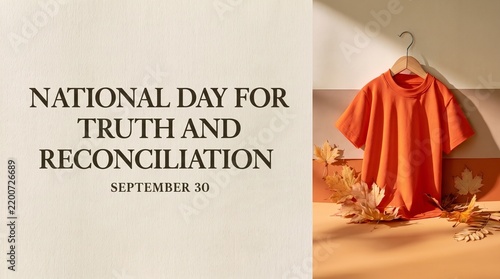 National Day for Truth and Reconciliation September 30 Banner with Orange Shirt and Maple Leaves in Canada.