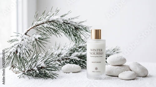 White winter skincare cream bottle with pine branch and stones on neutral background for beauty branding