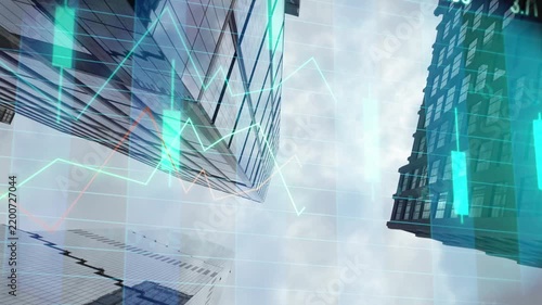 Financial district skyscrapers with stock market data, chart, and graph overlay showing corporate economy and global business investment and trading information