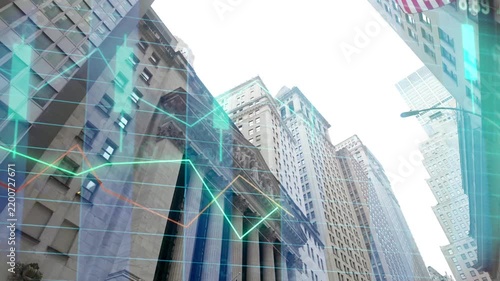 Wall street stock market exchange financial data showing economic growth and investment trends with chart overlay and rising skyscrapers in new york city's financial district