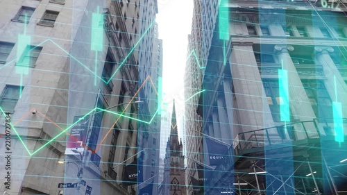 Financial stock market candlestick chart displayed over wall street buildings and trinity church spire, representing global business, finance, investment and economy