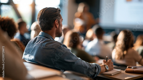 Diverse group of people attending a business presentation in a modern classroom rear view of seated attendees facing a bright screen soft even lighting notebooks on desks bright