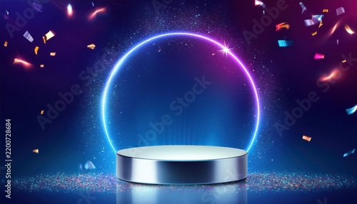 Prize Stage Featuring Silver Award Podium and Neon Light Round Frame for Product Showcase