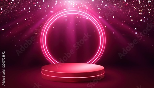 Red Podium for Product Presentation with Pink Neon Circle Vector Illustration