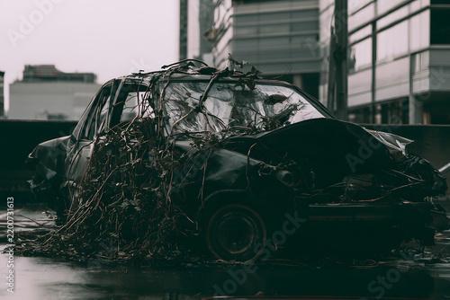 Derelict car overgrown with vines in a moody, abandoned urban setting. Post-apocalyptic decay and nature reclaiming man-made structures.