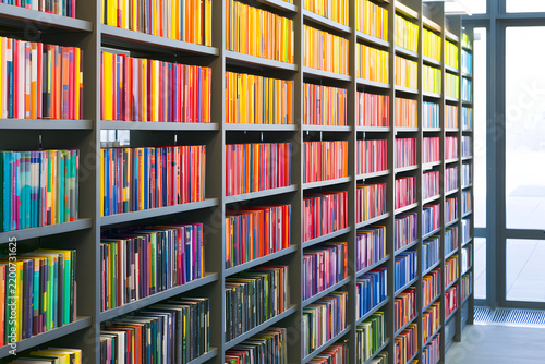 Vibrant library corner with floor-to-ceiling rainbow-colored bookshelves and sunlight streaming through a large window onto a wooden floor.