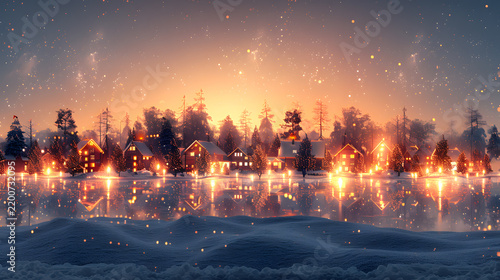 Magical Winter Village Landscape at Sunset with Glowing Christmas Lights Reflected in Frozen Lake