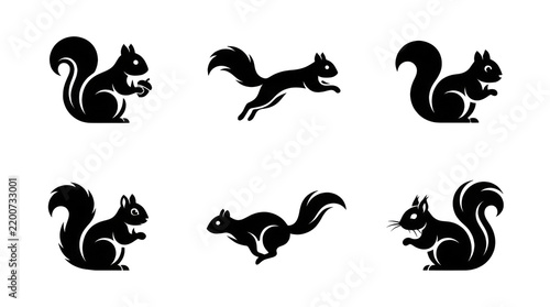 Set of black squirrel silhouettes in various poses, including sitting, running, and jumping, vector icons for nature and wildlife design elements isolated on transparent background