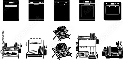 Dishwasher & Dish Rack Silhouette Icon Set. Collection of food & culinary silhouettes, including dishwasher & dish rack, detailed kitchen appliance shapes, and more.
