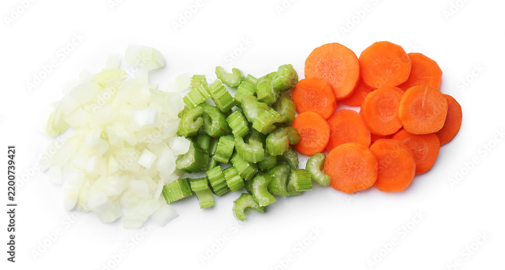 Obraz premium Cut carrots, onions and celery isolated on white, top view