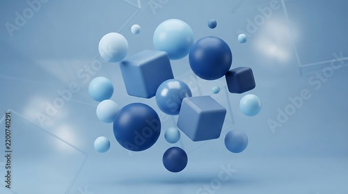 3d spheres and cubes floating in a blue sky with clouds and sunlight