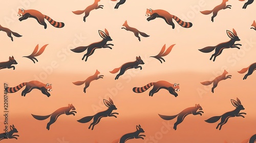 Group of red pandas and foxes leaping in the sky with sunset background