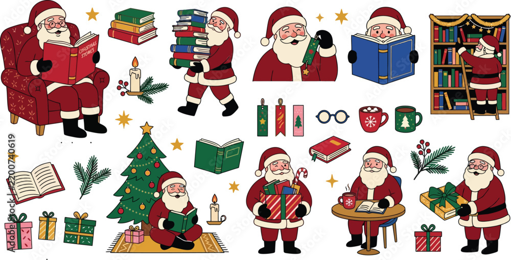 Fototapeta premium Santa claus christmas book club collection with reading sitting stacking and organizing books graphic elements books stack reading chair christmas tree holiday collection vector set christmas