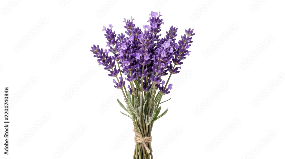 Fototapeta premium A beautiful bouquet of fresh purple lavender flowers tied with rustic twine on white background