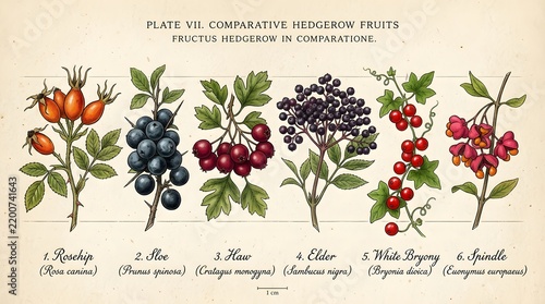 Comparative hedgerow fruits botanical chart featuring rosehip sloe haw elder bryony and spindle.
