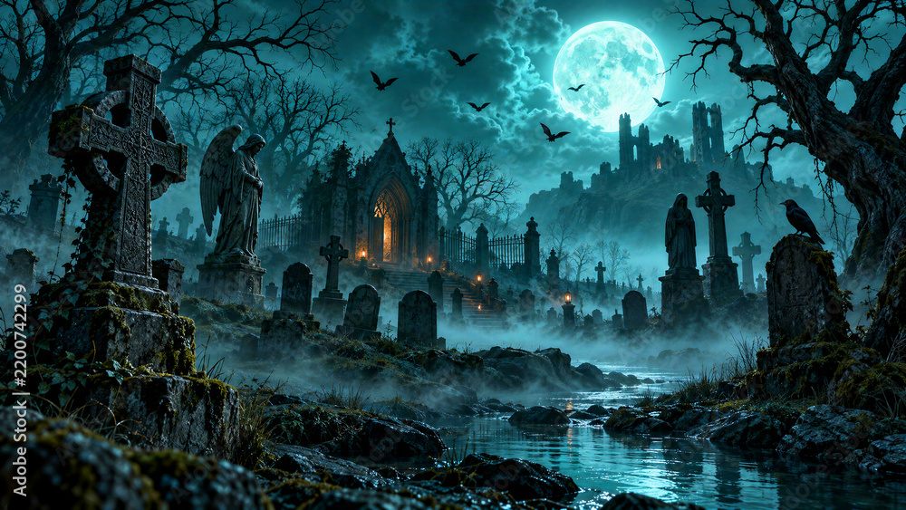 Fototapeta premium Spooky Gothic Graveyard at Night with Full Moon and Fog