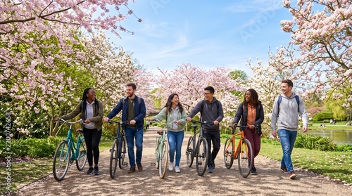 Friends Biking in Spring Bloom: A group of diverse young adults walks with their bicycles through a park path lined with blooming cherry trees under a clear blue sky.
