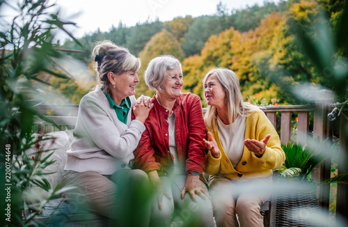 Three senior women enjoying peaceful autumn afternoon outdoors.