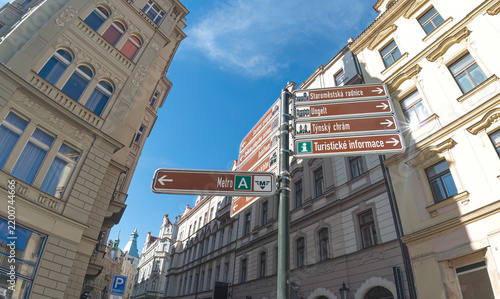 Tourist signs providing directions to popular attractions in Prague, Czech Republic