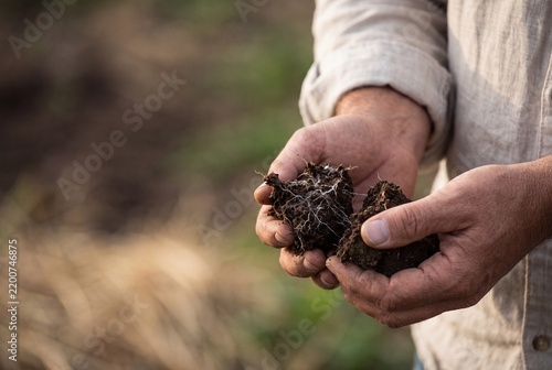 Farmer hands holding fertile organic soil enriched with beneficial fungal mycelium network in an agricultural field