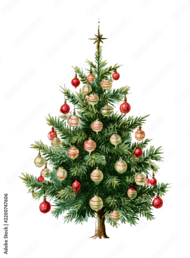Obraz premium PNG Watercolor Christmas tree with red and gold ornaments on plain background