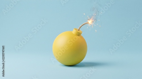 Bright yellow cartoon bomb with sparkling fuse, minimal blue background, playful tension, evoking anticipation and bold visual energy…