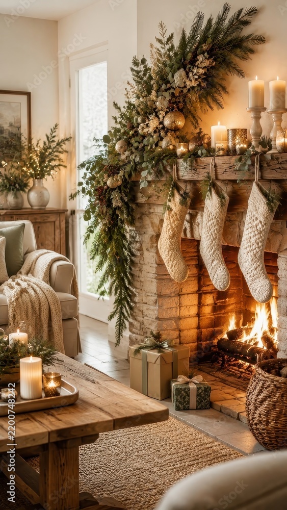 Obraz premium Cozy Christmas fireplace living room with stockings and candles