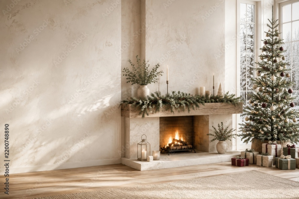 Obraz premium Elegant Christmas living room with fireplace and decorated tree