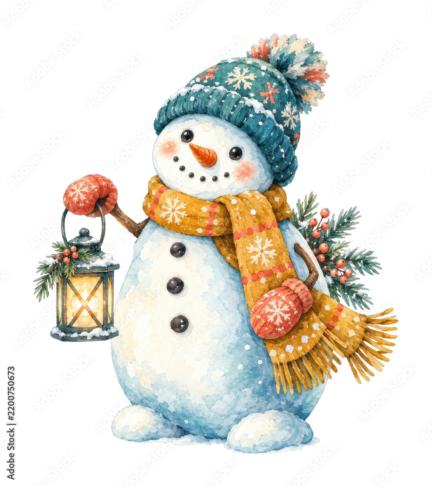 Obraz premium PNG Watercolor Christmas snowman with scarf, lantern, and pine branches