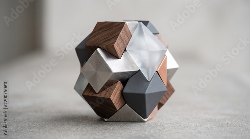 Geometric puzzle made of interlocking wood metal and resin blocks on a table