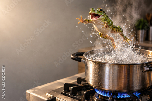 Green frog leaps from steaming pot on gas stove. Space for text.
