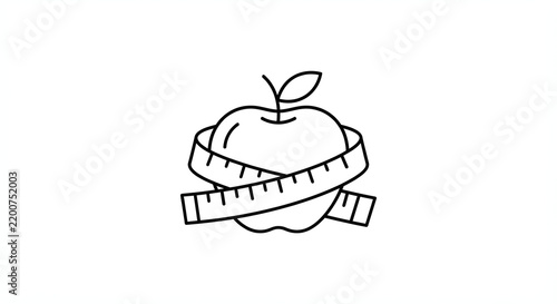 Minimalist Line Art of Green Apple with Tape Measure: A Symbol of Healthy Eating, Nutrition, and Sustainable Wellness