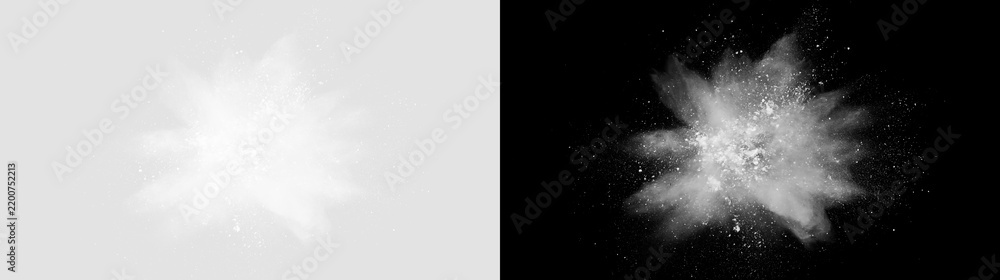 Naklejka premium White snow burst explosion isolated on transparent background. Radial powder blast and winter particle overlay. Festive winter overlays, cinematic VFX
