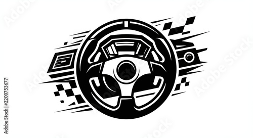 Dynamic Automotive Racing Steering Wheel Illustration: Black and White Graphic Design Symbolizing Speed, Sport, and Competition
