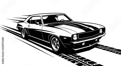 Classic Muscle Car in Black and White: Vintage Style Automotive Art Featuring a Sleek Coupe in Dynamic Motion with Racing Stripes and Retro Design for Car Enthusiasts and Racing Culture Illustrations