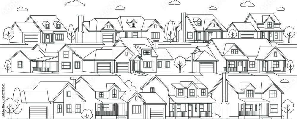Fototapeta premium Residential Neighborhood Houses Line Art Illustration with Suburban Homes and Community Architecture