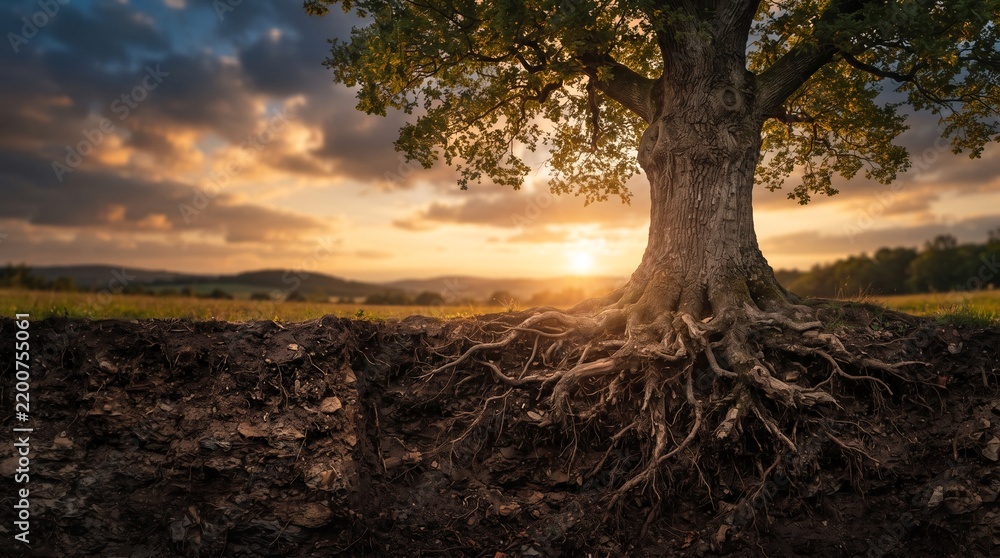 Obraz premium Ancient oak tree roots visible in soil against dramatic sunset sky