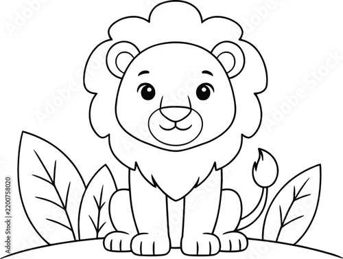 Cute cartoon lion cub with foliage line drawing on a white background for childrens illustrations
