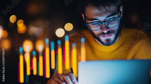 Crisp Winter Light Between Multiple Business Metrics: Entrepreneur Reviewing Laptop Graphs Late At Night Focused Wo â€“ Skyline Study 2