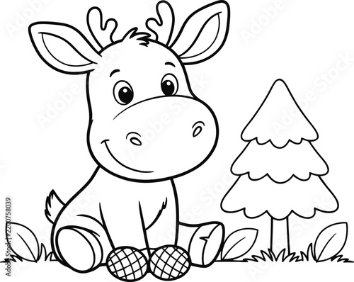 Cute cartoon deer and evergreen tree illustration with a white background for childrens books and coloring pages