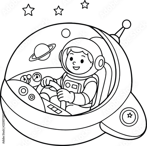 Astronaut piloting a spaceship through space with planets and stars black and white line art illustration