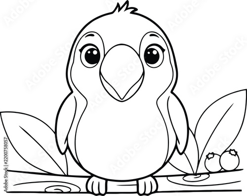 Cute cartoon bird illustration perched on a branch with berries in a simple black and white style