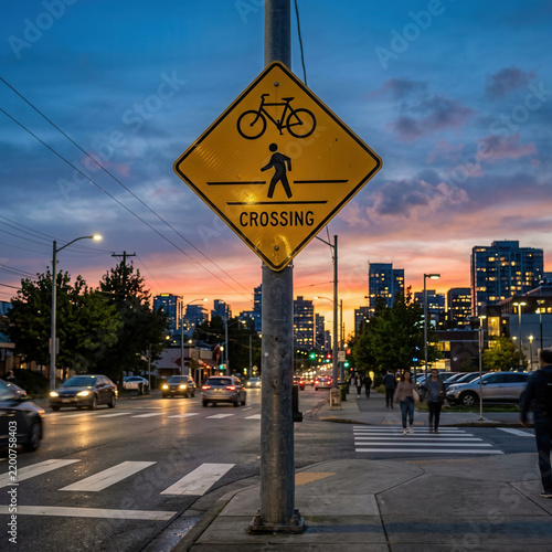 Urban Cyclist And Pedestrian Crossing Sign At Dusk With Cityscape Background