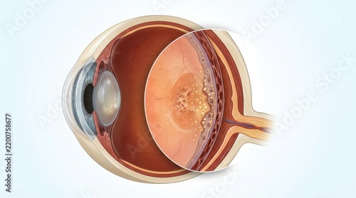 Cross section of human eye with magnified view of macular degeneration. Medical illustration of retinal disease