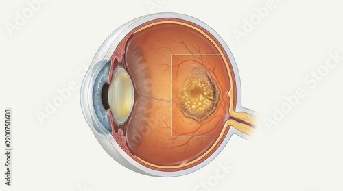 Medical illustration of an eye with macular degeneration. Cross section showing drusen deposits on the retina