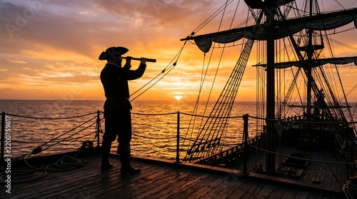 Silhouette of a historical explorer standing on a wooden ship deck looking through a telescope at a golden sunset